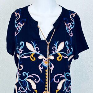 Anthropologie Skies Are Blue Mini Dress XS Embroidered Floral Navy Tassel Boho